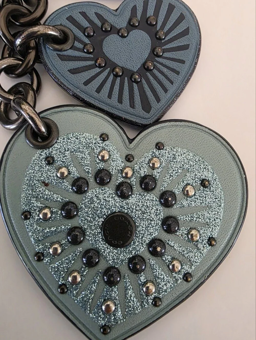 Coach Heart Motif Leather Bag Charm Key Fob Blue Studded Glitter Hard To Find